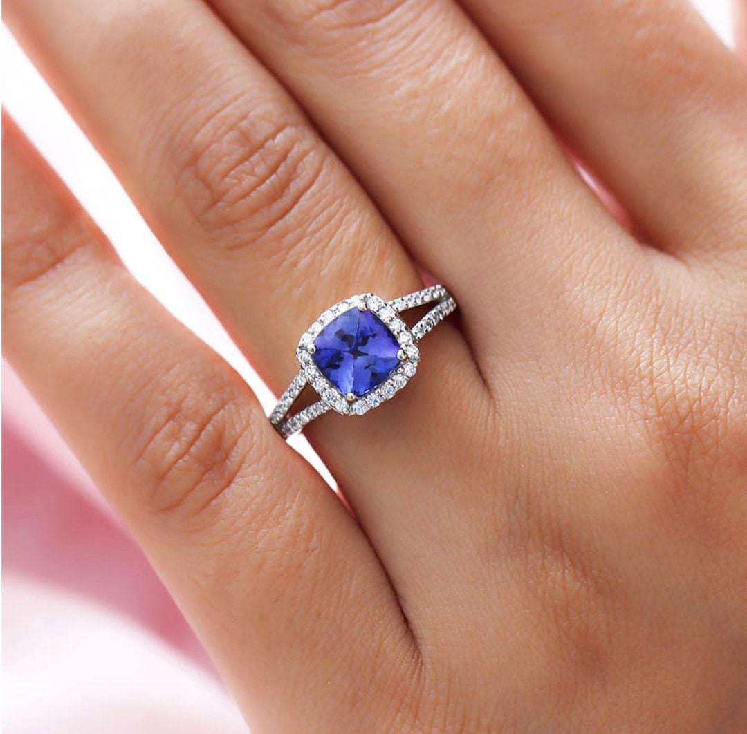 Split Shank Cushion Tanzanite Engagement Ring