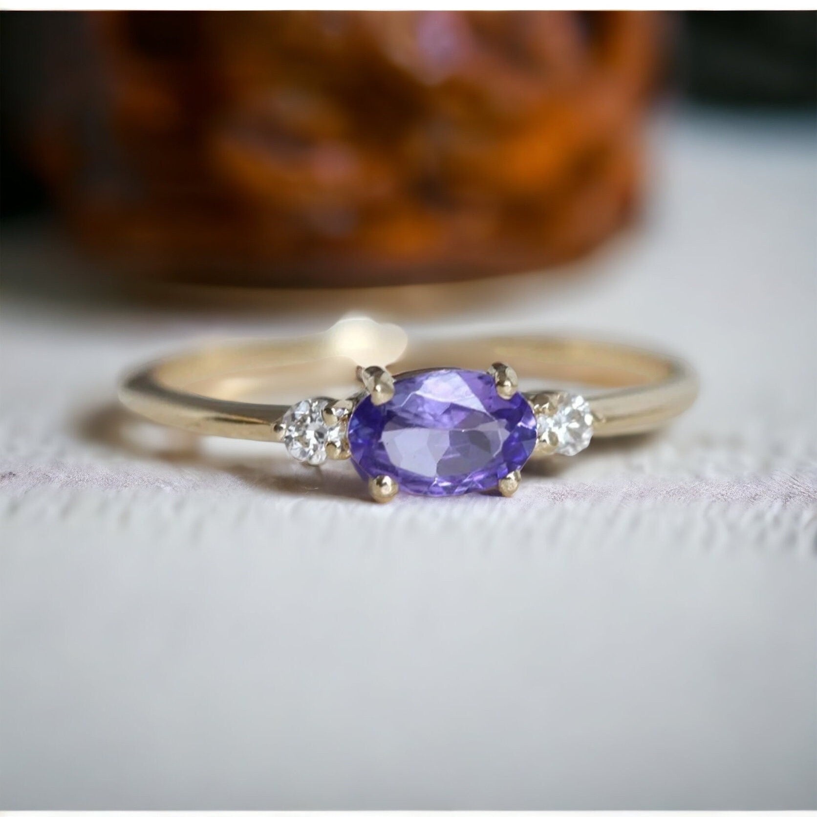 Dainty Tanzanite and Diamond Three Stone Moissanite Ring