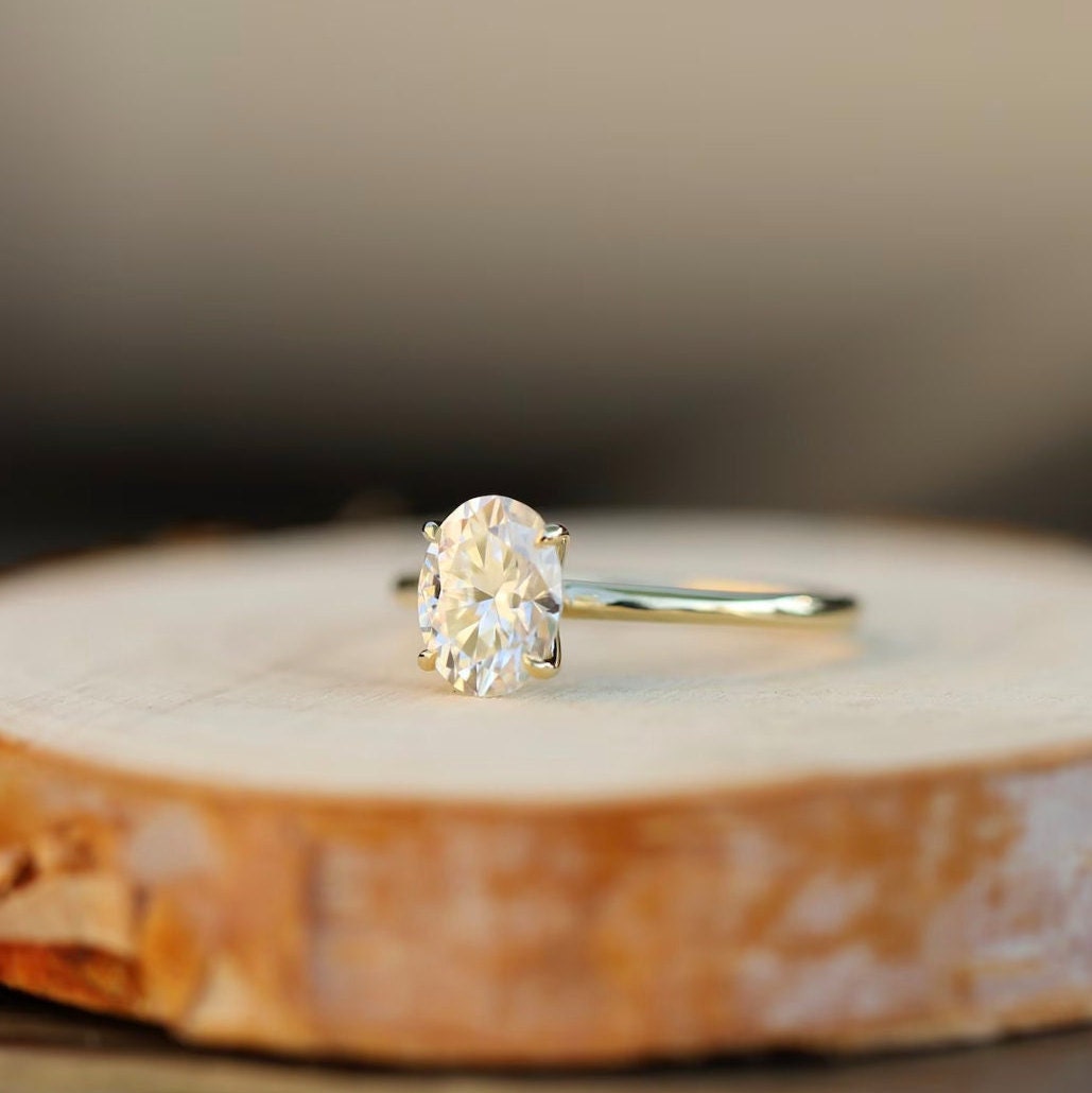 Oval Moissanite Solitaire Engagement Tapered Shank Ring