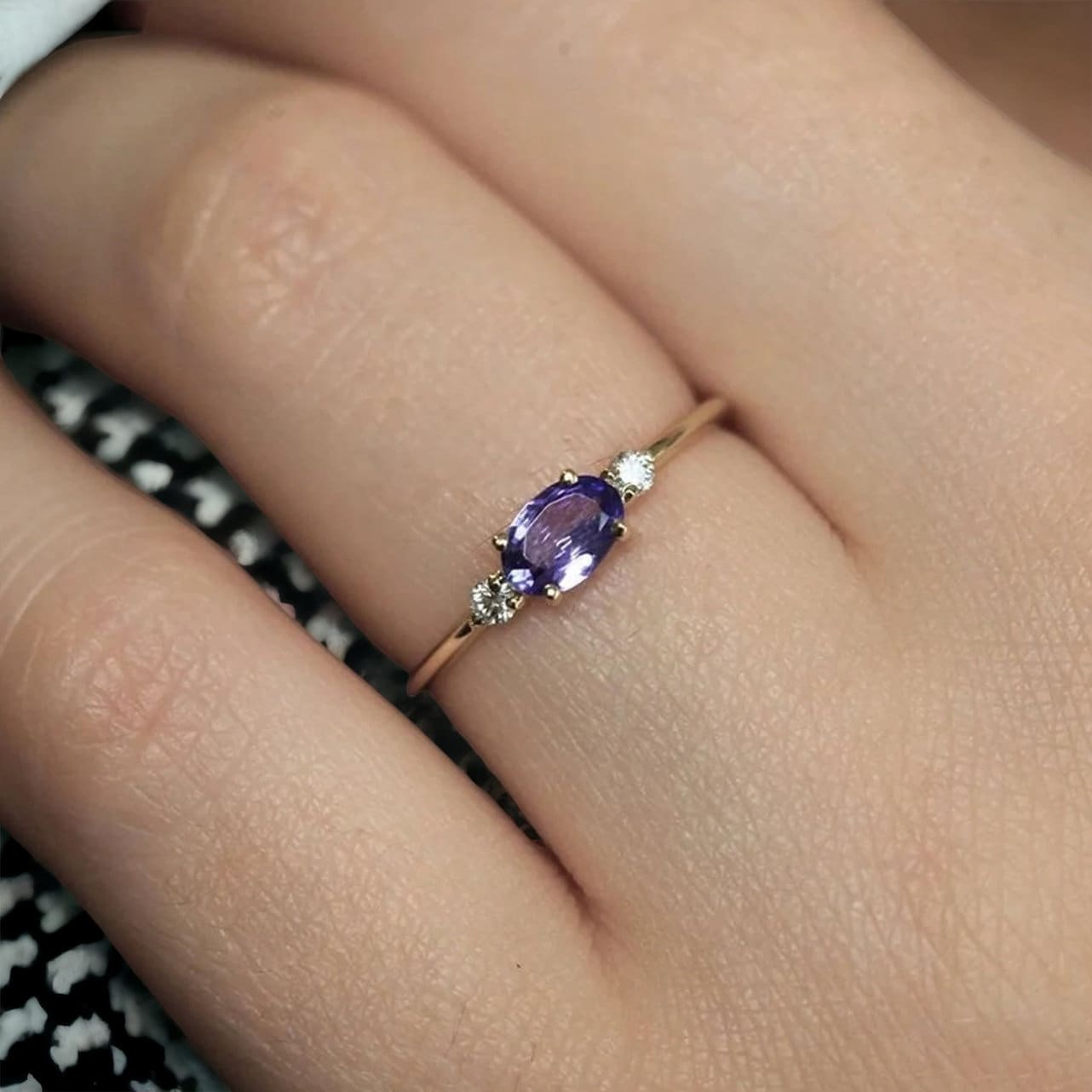 Dainty Tanzanite and Diamond Three Stone Moissanite Ring