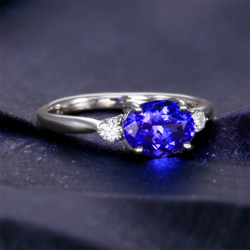 East West Tanzanite and Diamond Three Stone Engagement Ring