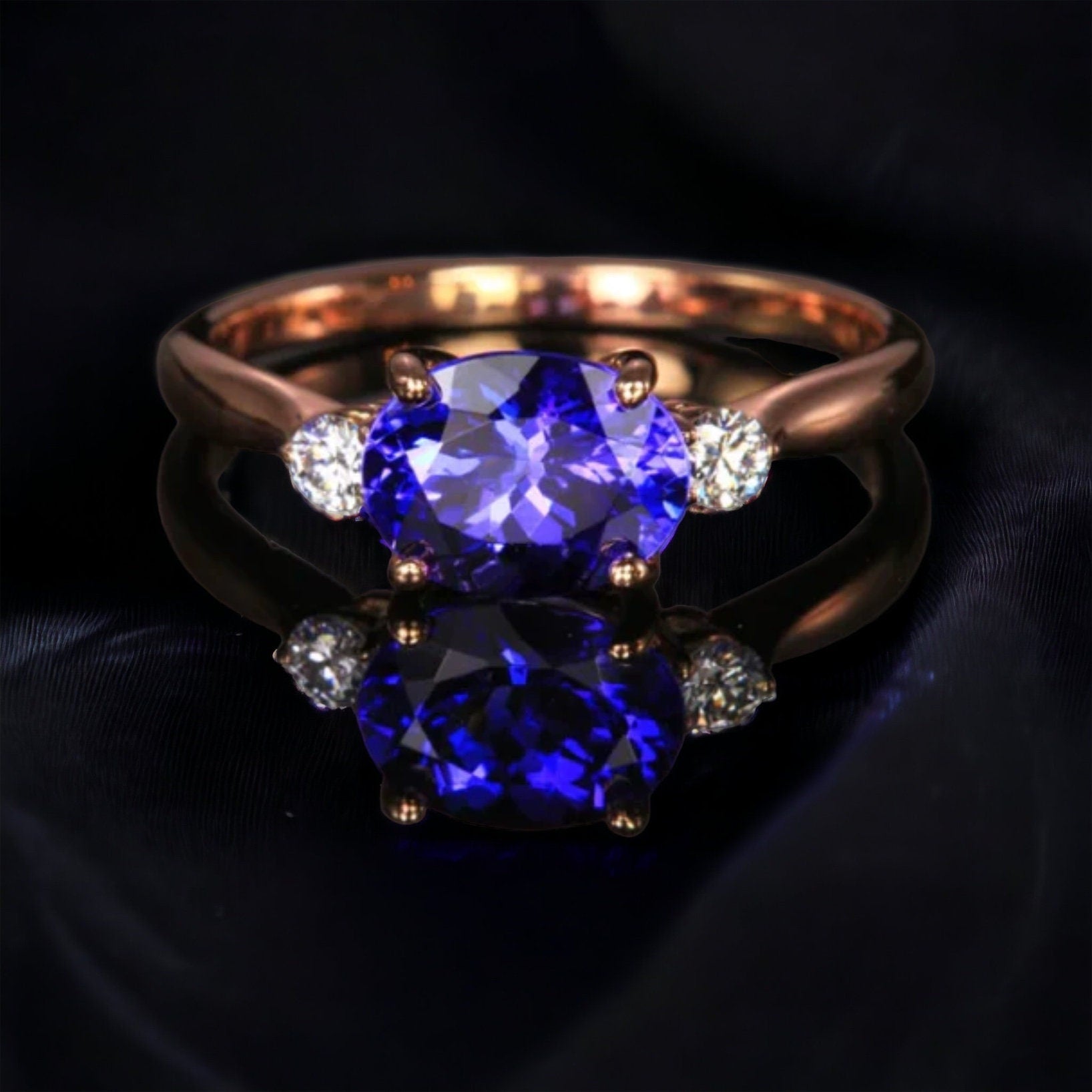 East West Tanzanite and Diamond Three Stone Engagement Ring