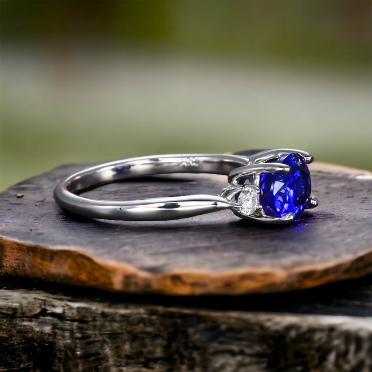 East West Tanzanite and Diamond Three Stone Engagement Ring